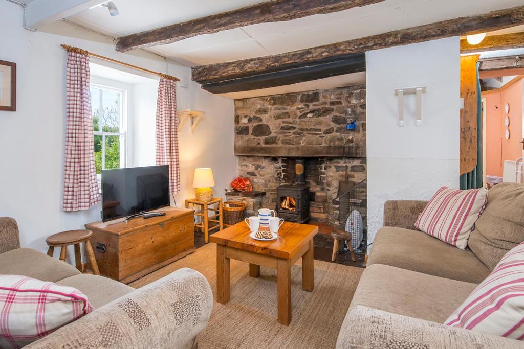 a living room with a couch and a tv and a fireplace at Ty Canol in Goodwick