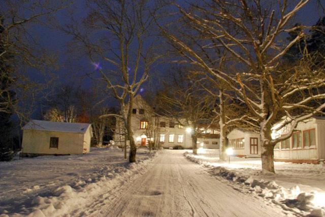 Lesogorskaya estate RUUSYAVI في Lesogorskiy: شارع مغطى بالثلج وبه بيوت واشجار بالليل