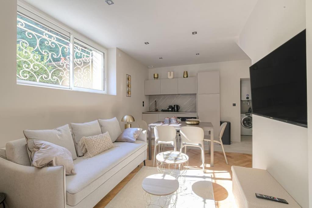 un salon avec un canapé blanc et une table dans l'établissement Joli appartement T2, bien équipé, Saint-Didier, à Saint-Didier-au-Mont-dʼOr