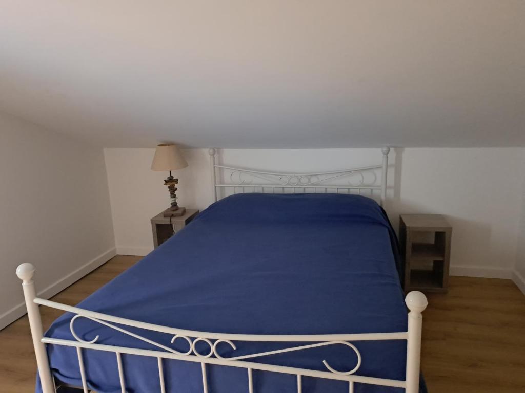 a bedroom with a bed with a blue blanket at Résidence Fior di Rena in Saint-Florent