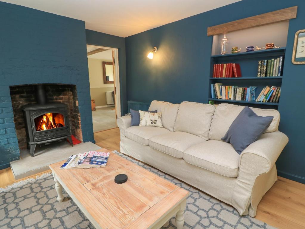 a living room with a couch and a fireplace at Kingfishers in Bampton