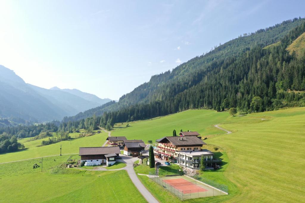 a large house in a green field with a mountain at Natur & Familienhotel Der Stieglerhof in Radstadt