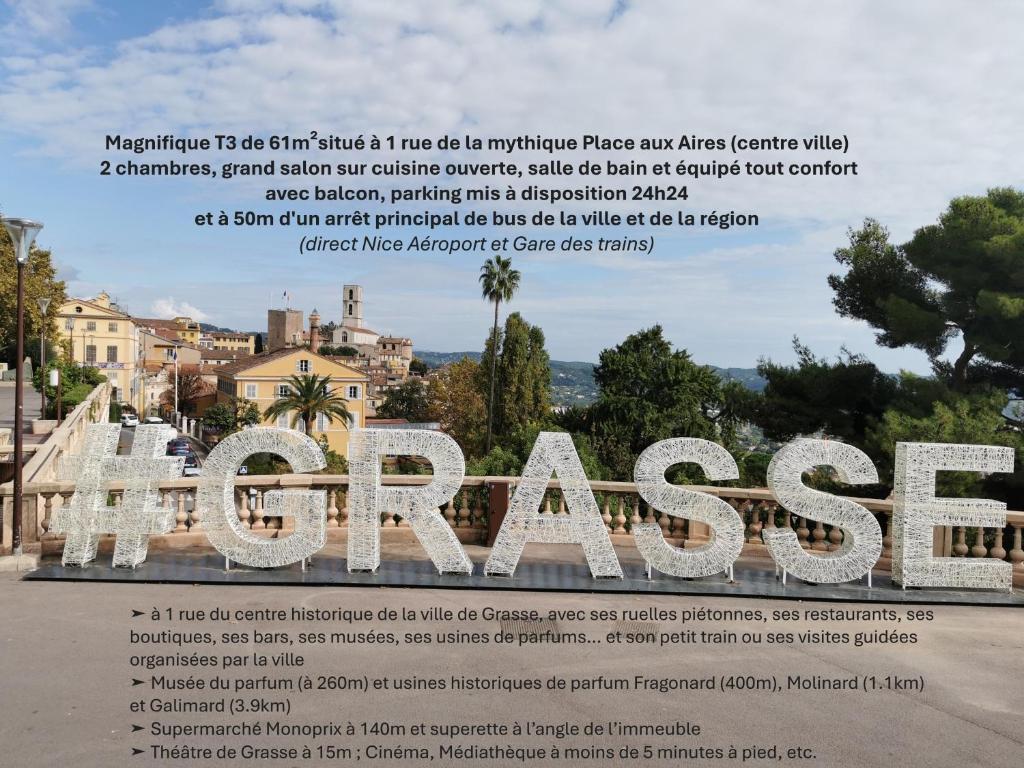 une affiche pour la visite de la ville des poules pondeuses dans l'établissement 3 pièces, tout à pied et tout équipé, avec balcon et machines à laver, Parking offert et bus direct aéroport de Nice, à Grasse