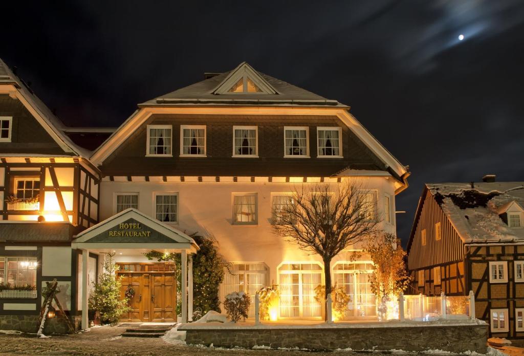 ein großes Haus mit Lichtern davor in der Unterkunft Hotel Sauerländer Hof in Hallenberg