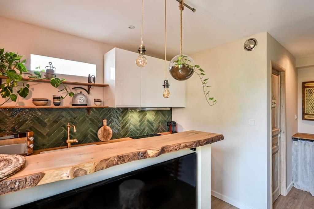 ラ・シオタにあるMon petit cocon au bord de l'eauの部屋にある木製のカウンタートップを備えたキッチン