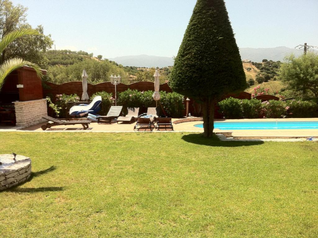 聖弗洛朗的住宿－Villa ELOFRED，享有带游泳池和树的庭院的景色