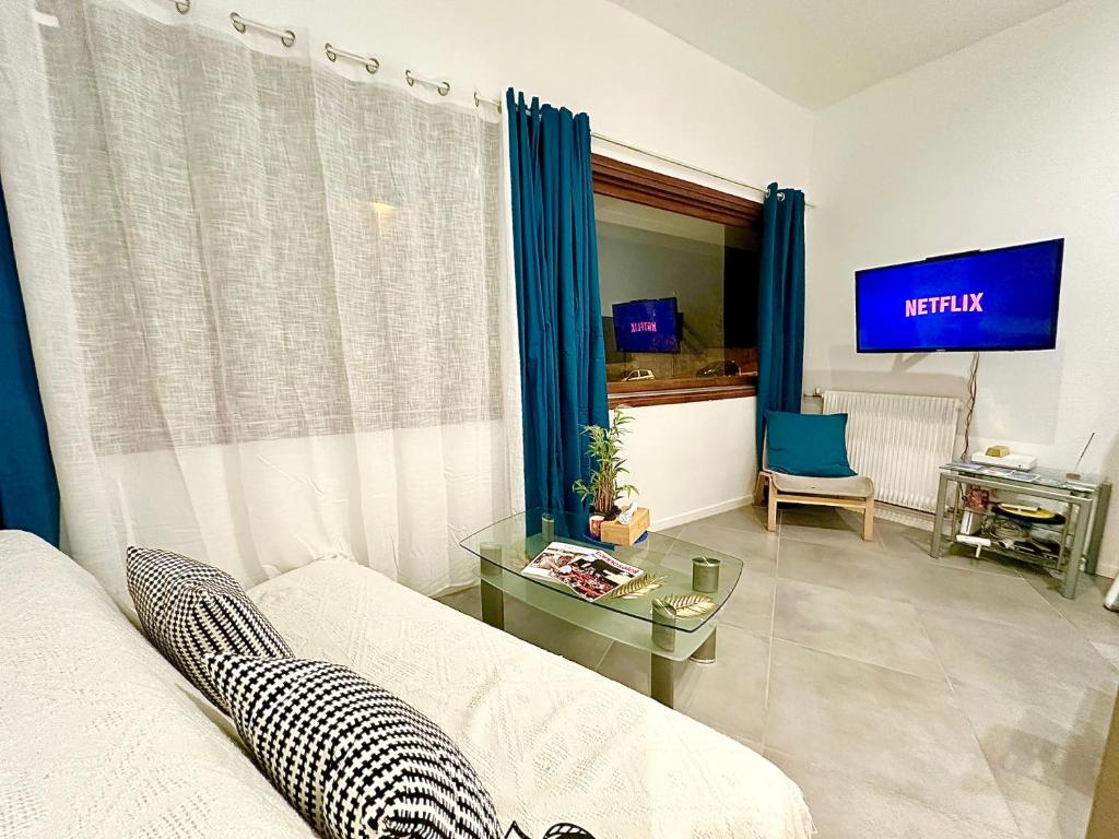 un salon avec un canapé et une télévision dans l'établissement Le GALLIA 2 BEDROOM refait à neuf CENTER OF CANNES, à Cannes