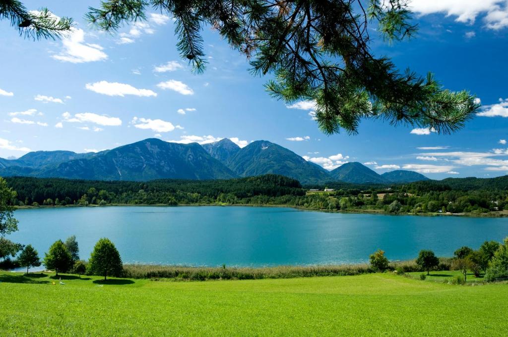 einen Blick auf einen See mit Bergen im Hintergrund in der Unterkunft Gasthaus Stefaner in Feistritz im Rosental