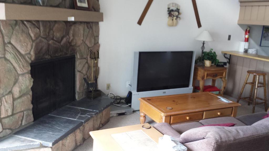 salon z kominkiem i telewizorem w obiekcie Fraser Condo for Xmas-New Years, 1B and loft, 1 Bath, Sleeps up to 4 w mieście Fraser