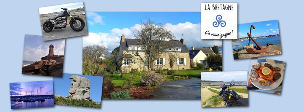 un collage d'images d'une maison et d'une moto dans l'établissement Gîte DA GOUSKET ROZ, à Trébeurden