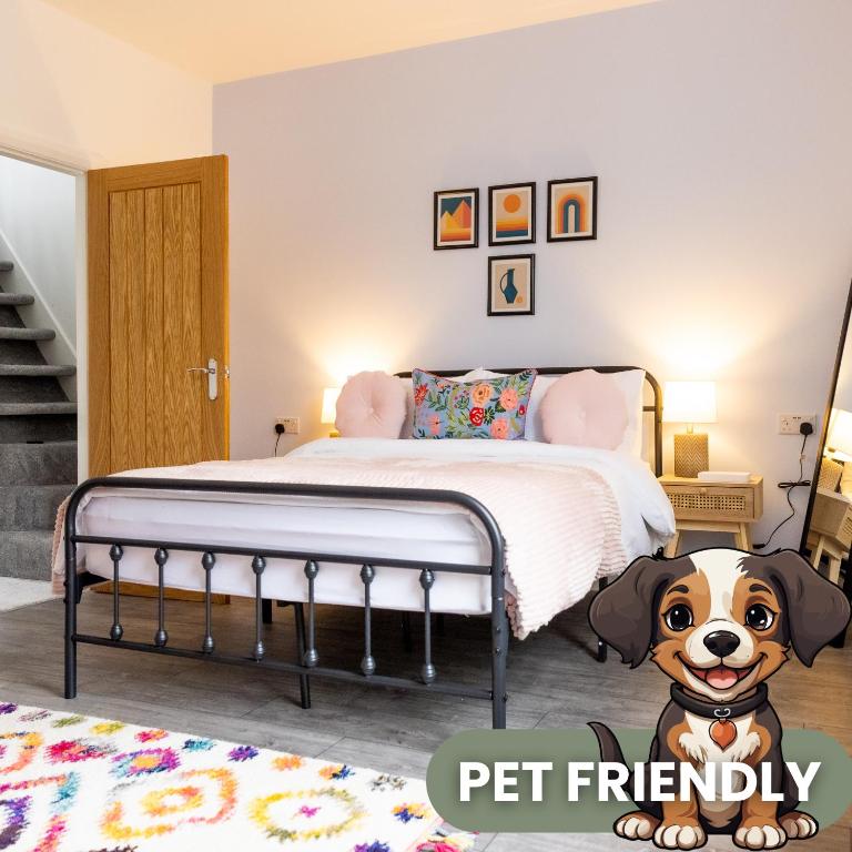 a bedroom with a bed with a dog on it at 2BR Modern Hebden Hideaway, Canal side, Stylish and Cosy in Hebden Bridge
