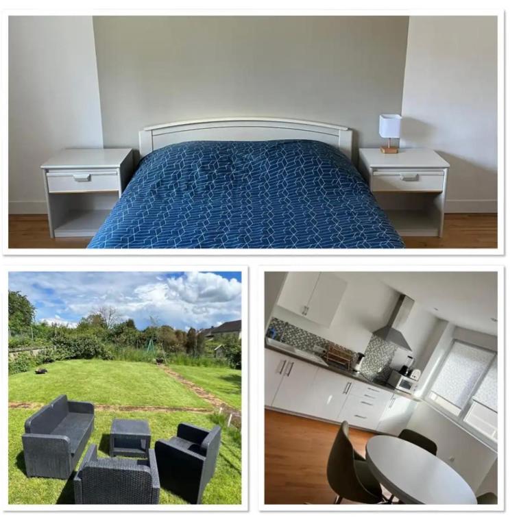 un collage de photos d'une chambre avec un lit et des chaises dans l'établissement Guenviller Green Gem, à Betting-lès-Saint-Avold