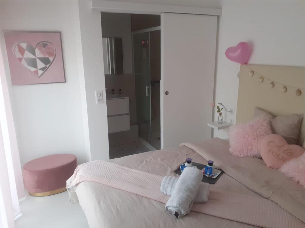 a bedroom with a bed with a pink blanket at Love Room Romantique in Tremblay En France