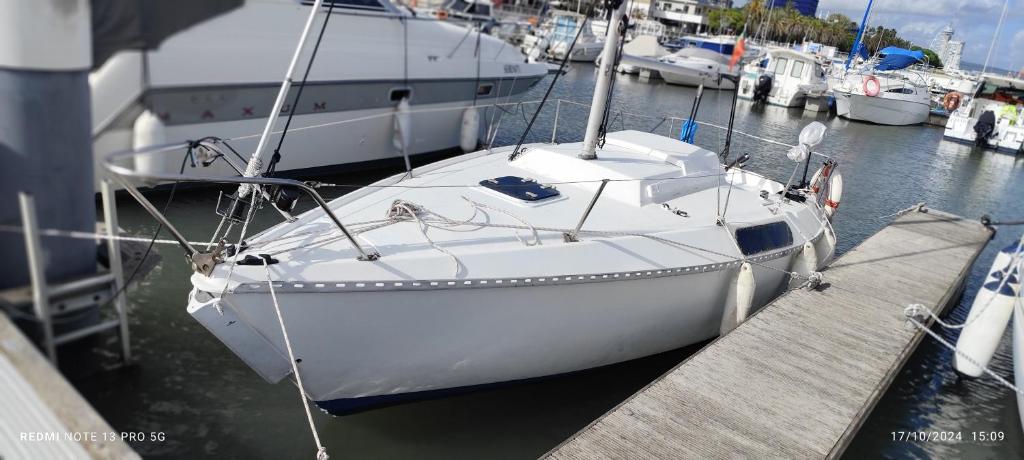 een witte boot is aangemeerd bij een dok bij Love Boat Hostel in Lissabon