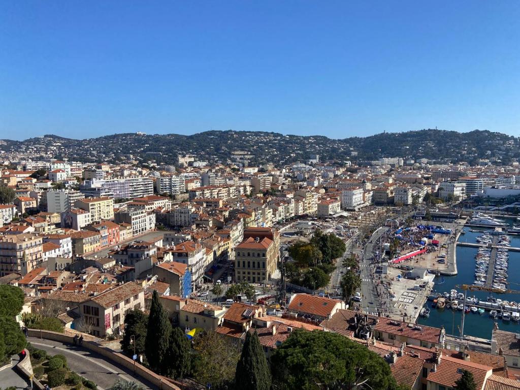 une vue aérienne d'une ville avec un port dans l'établissement Centre Ville Calme Festivales Plages, à Cannes