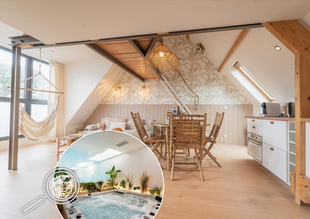 a house with a swimming pool in the middle of a room at Appart'Hôtel & Spa "Les Voiles" Le Molène in Carnac
