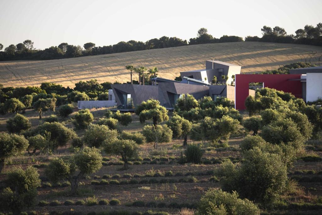 a house in the middle of a field with trees at Retiros Los Agustinos in Arcos de la Frontera