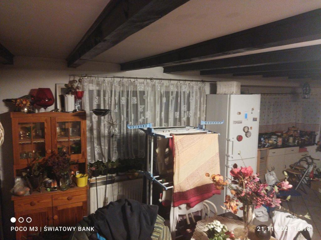 a kitchen with a refrigerator in a room at Poland all city luxry hotele apartament and houses in Biechówko