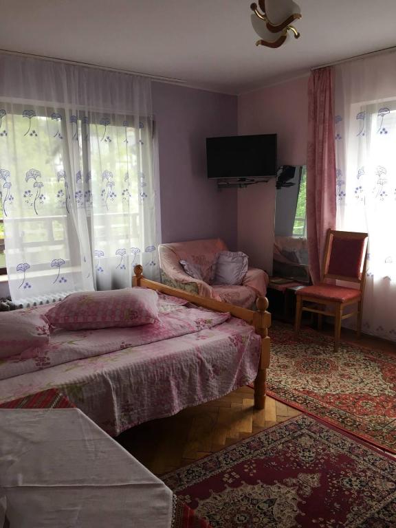 a living room with two beds and a chair at Vila cu vedere spre Bucegi in Predeal