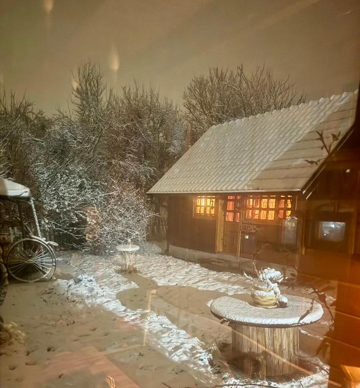 a house in the snow with a table in front of it at Brvnare Mrkic in Kremna