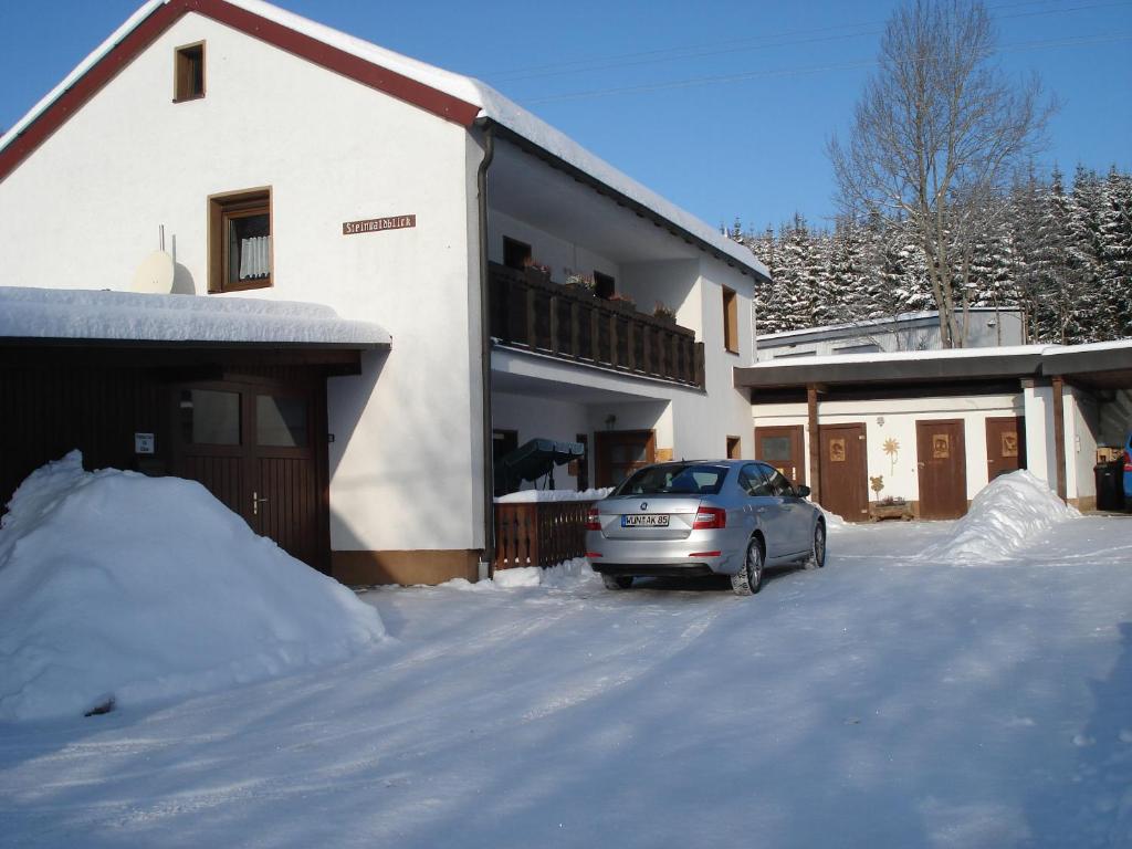 un coche aparcado frente a una casa en la nieve en Haus Steinwaldblick, en Bernlohe