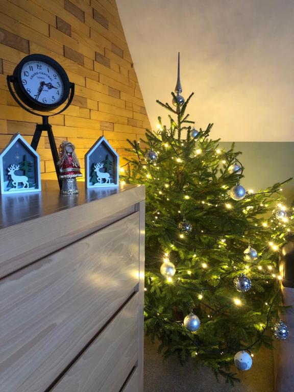 a christmas tree sitting on a dresser next to a clock at Apartament Vanessa u podnóża gór, nad jeziorem Czorsztyńskim in Harklowa