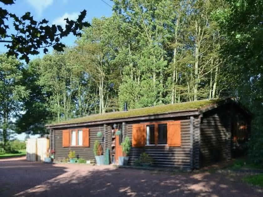 a small wooden cabin with a grass roof at Rock Lodge in Alnwick