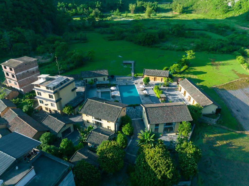 an aerial view of a house at Yangshuo Yulong River Vision Villa in Yangshuo
