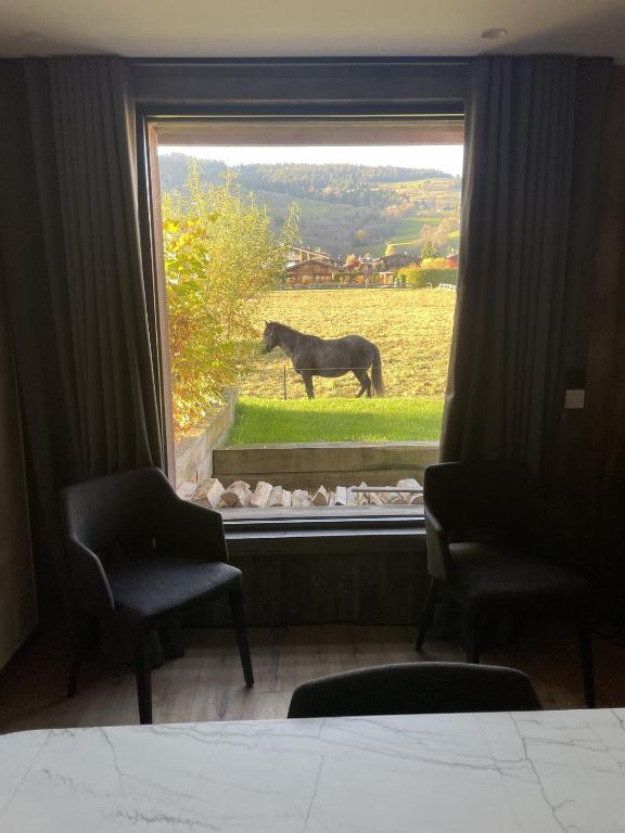 un cheval marchant à travers une fenêtre avec deux chaises dans l'établissement Chalet Esquinade 4 bedrooms appartment Megève, à Megève
