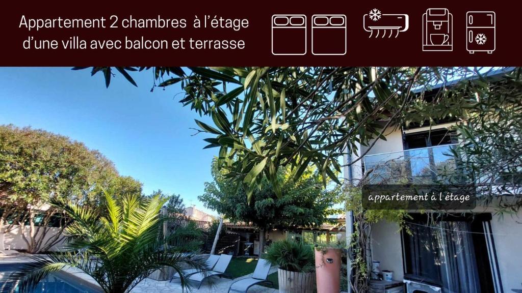 un panneau indiquant un appartement avec des arbres et un bâtiment dans l'établissement Petit appartement 2 chambres avec terasse dans villa grimaude, à Jacou