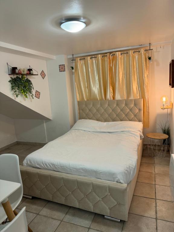 a bedroom with a bed with a headboard at L’amazone in Sannois