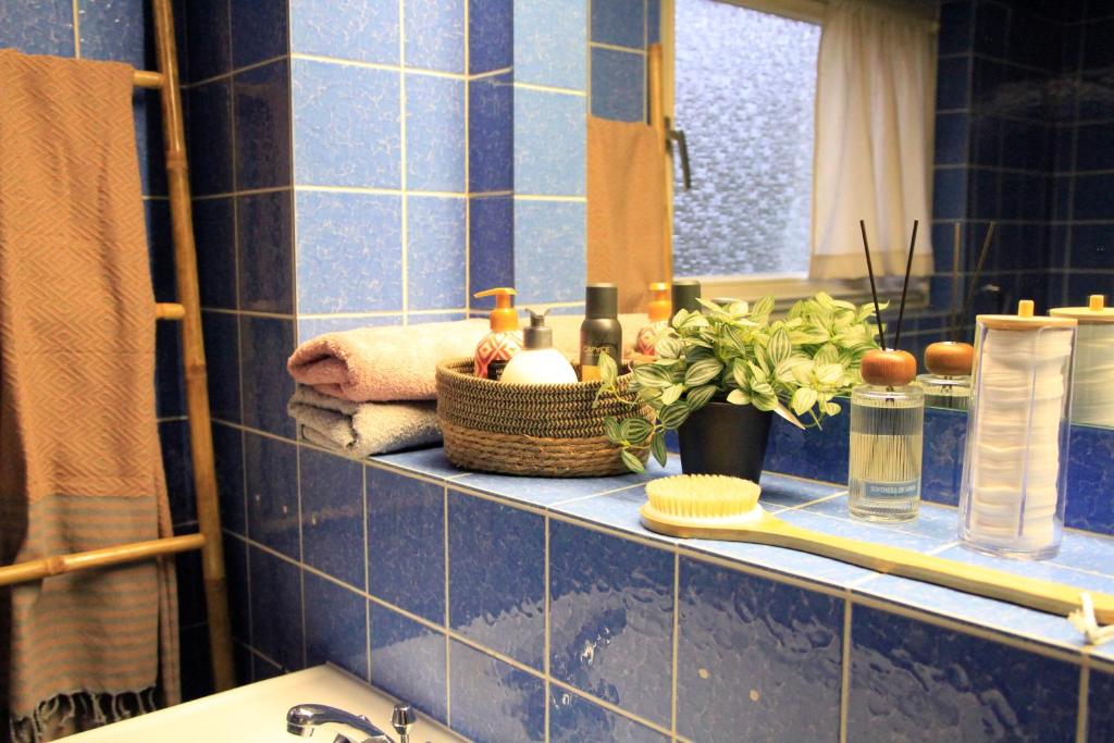 a blue tiled bathroom with a sink and a mirror at Villa Kolck in Xanten