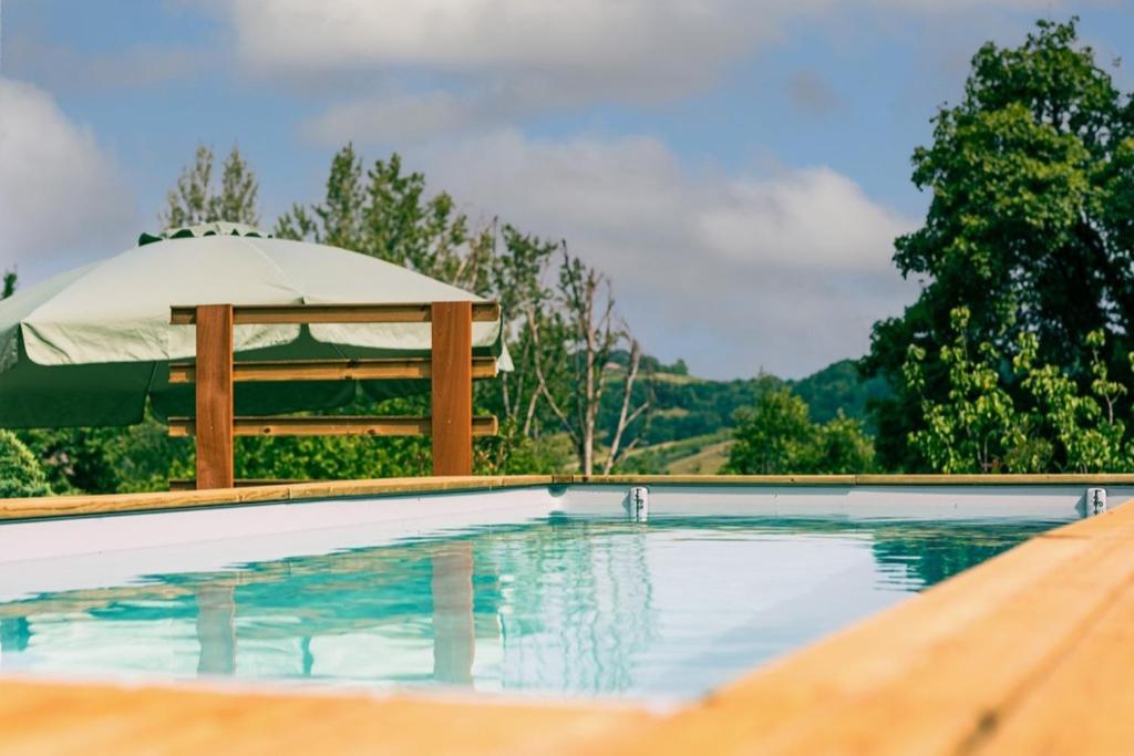 a swimming pool with an umbrella and a table at Proche d'Agen - Location de vacances 6 personnes avec piscine privée à la campagne in Colayrac-Saint-Cirq