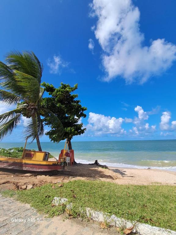 a boat on the beach with a palm tree at Pousada Odoyá Beach - Quádrupla in Conde