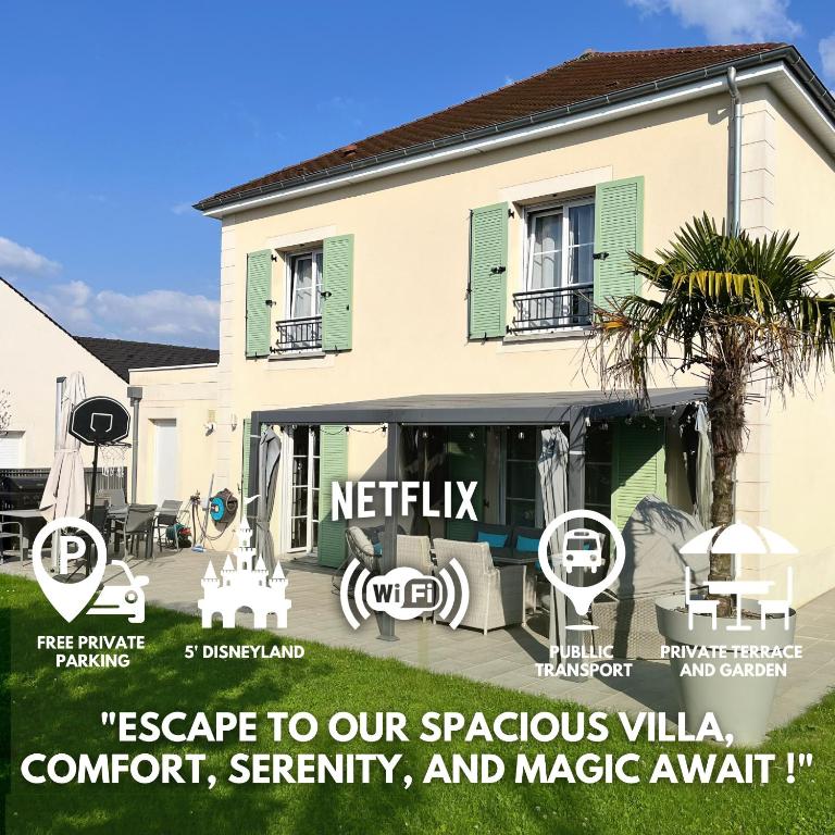 une maison avec un panneau devant dans l'établissement Villa Spacieuse - Paisible - Moderne- 5' Disneyland, à Montévrain