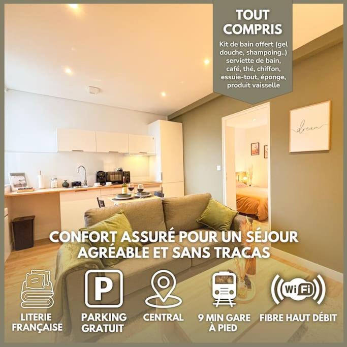 une affiche d'une chambre avec un lit et une cuisine dans l'établissement L'Olivier - Parking, Hyper-Centre, Séjour Unique, à Saint-Brieuc