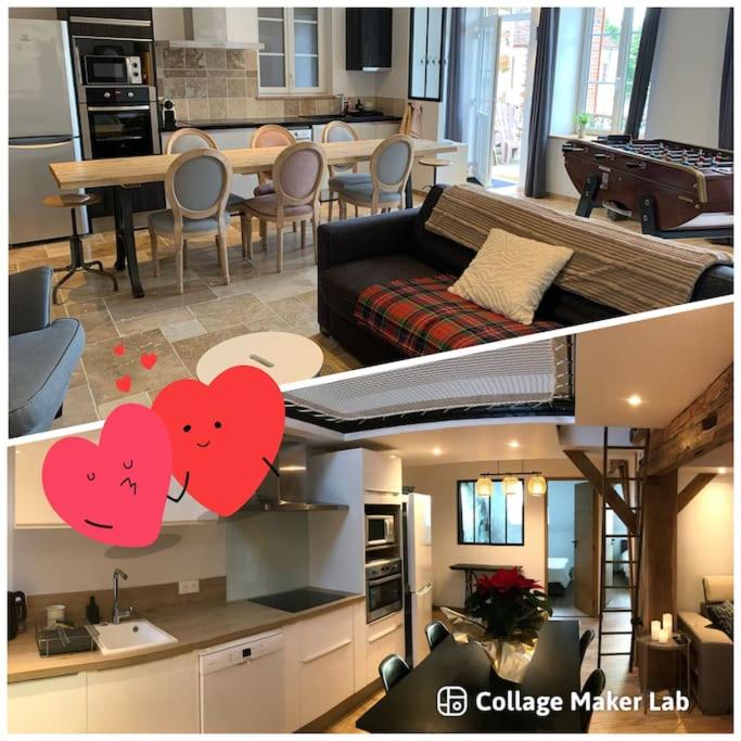 Il comprend un salon et une cuisine avec des cœurs au mur. dans l'établissement Pantouflard - Maison entière, à Toucy