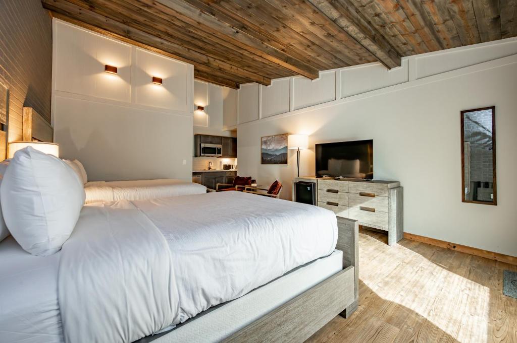 a bedroom with a white bed and a television at Cove Creek Lodge 213 Dog Friendly Standard Double Queen Room in Oakland