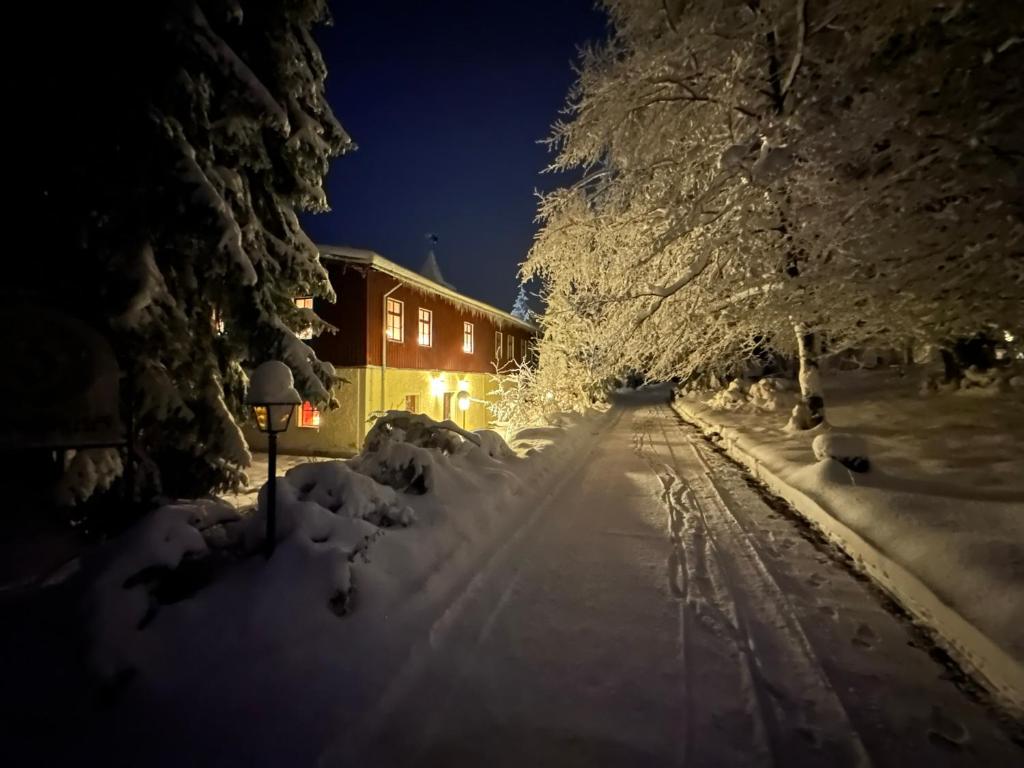 eine schneebedeckte Straße in der Nacht mit einem Haus in der Unterkunft Waldhotel Zöbischhaus in Bad Reiboldsgrün