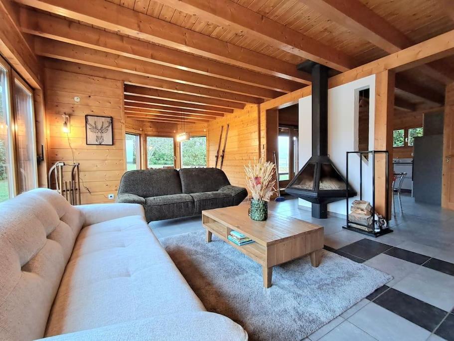 ゾウルツマットにあるDomaine la Clairière Le Chêne Grande maison avec Sauna Terrasse Brasero et baby-footのソファと暖炉のあるリビングルーム