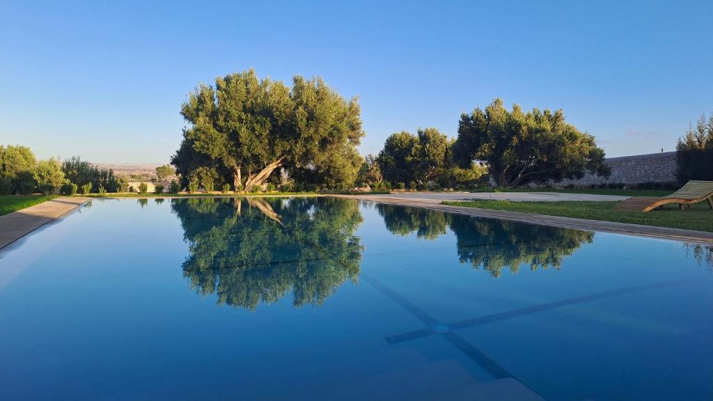 Un estanque de agua con un banco y árboles. en Villa Coriandre, en Essaouira