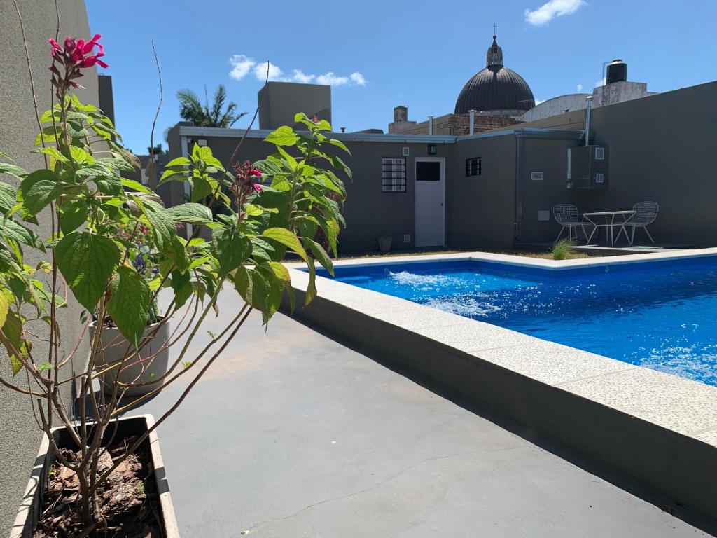 a swimming pool on the side of a building at Apartamentos Colibrí- Frente al Santuario de la Virgen in San Nicolás de los Arroyos