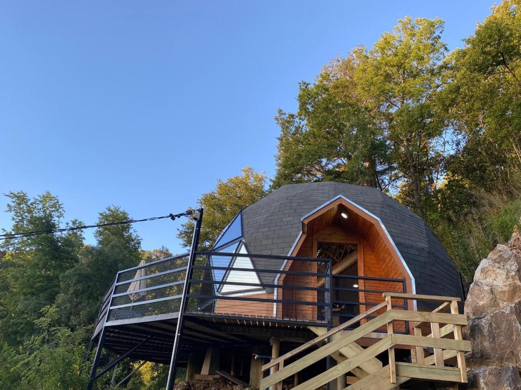 a tree house with a black roof at Domos Mahuida in Las Trancas