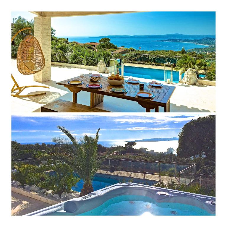 un collage de deux photos d'une maison et d'une piscine dans l'établissement Santa Rosa, aux Issambres