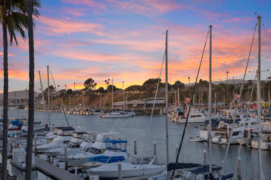 Un grupo de barcos atracados en un puerto deportivo al atardecer en Marina Del Mar 312B, en Oceanside