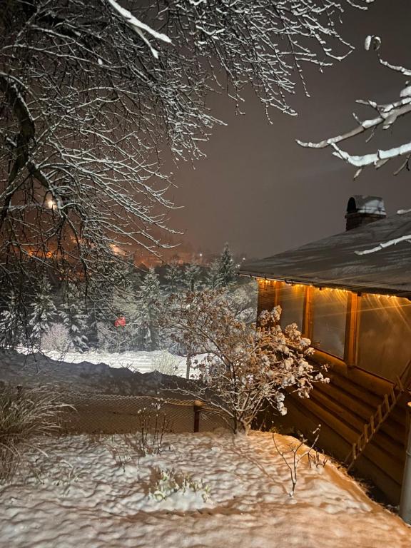 a house covered in snow at night at Batkivska Svitlitsa NEW Без господарів in Slavske