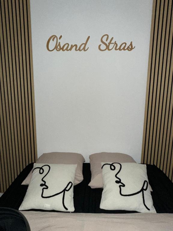 - 2 oreillers sur un lit avec un panneau mural dans l'établissement O Sand Stras Studio 25m carré, à Strasbourg