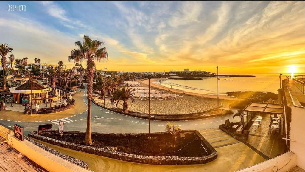 コスタ・テギセにあるBeach Houseのヤシの木と夕日の景色を望むビーチの景色