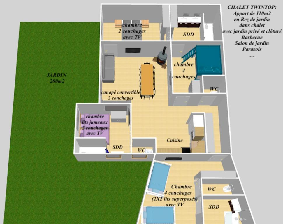 Půdorys ubytování Appartement dans chalet 5 pièces, 14 pers, 4 ch, WiFi, jardin privé