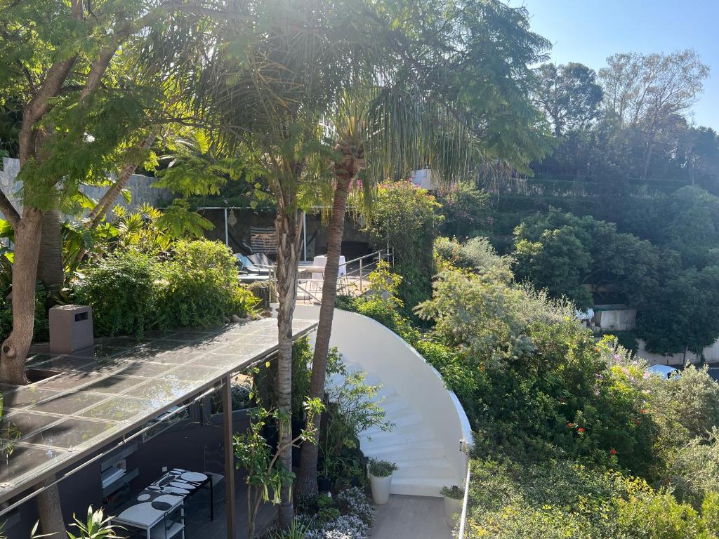 an overhead view of a garden with trees and benches at Marbella Boutique Art suites in Marbella